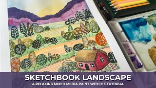 Relaxing sketchbook doodles – a simple mixed-media landscape art tutorial (unintentional asmr)