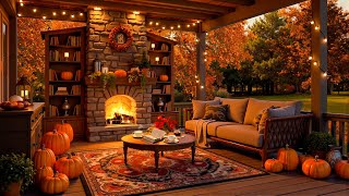 Autumn Porch Ambience 🍂 Cozy Morning with Smooth Jazz Music & Crackling Fireplace for Work, Unwind