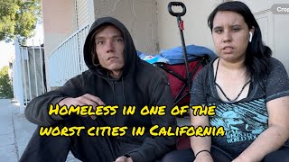 Young homeless couple living on the San Bernardino streets