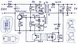 Описание принципа действия схемы простого импульсного блока питания на одном транзисторе с оптопарой